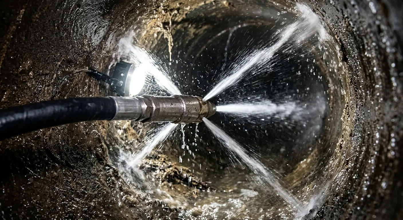 High-pressure hydro jetting nozzle cleaning sewer pipe for Emergency Drain Service in Fairfield